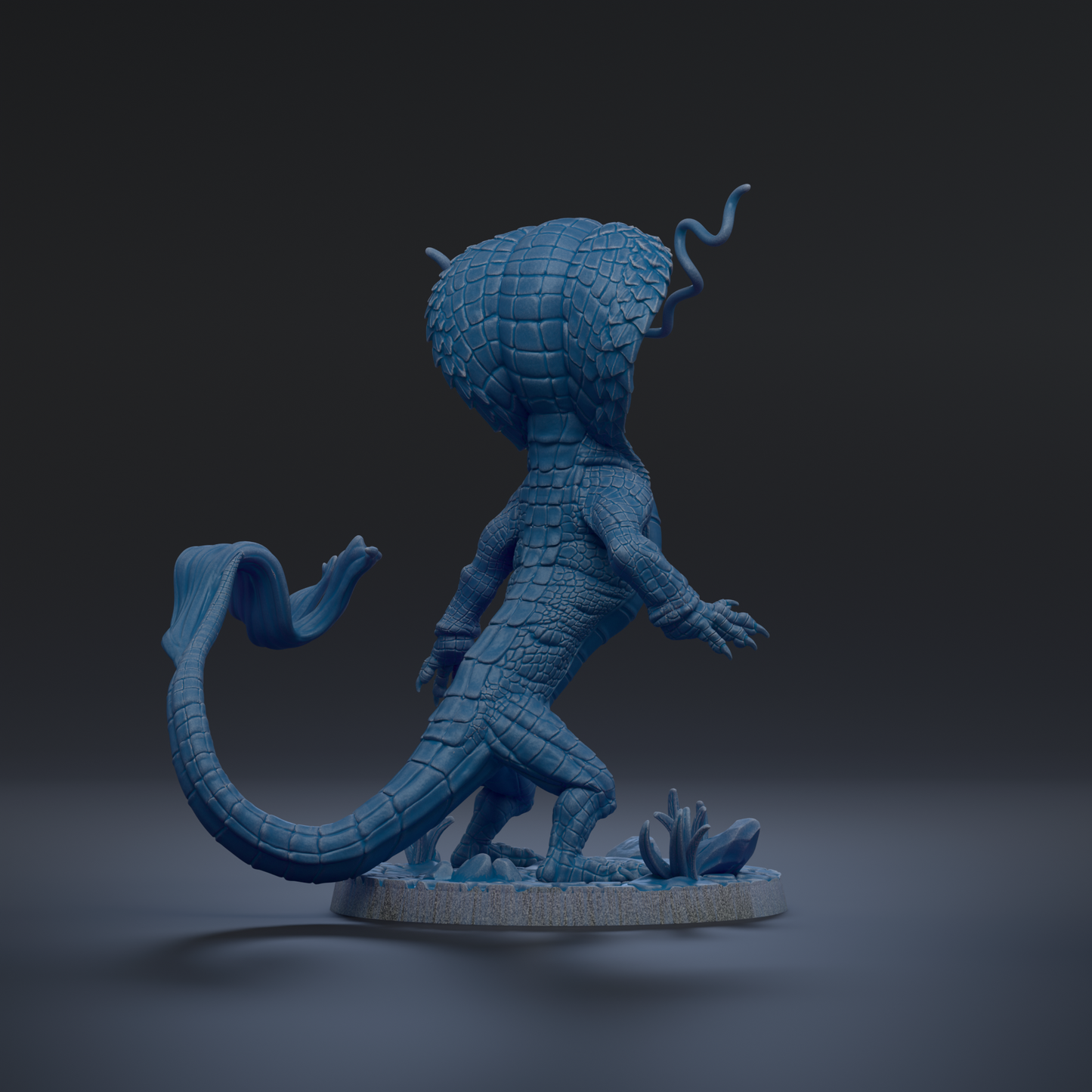 A 3D rendering of a blue, fantastical creature with a large head and long tail, standing on a base and facing away from the camera.