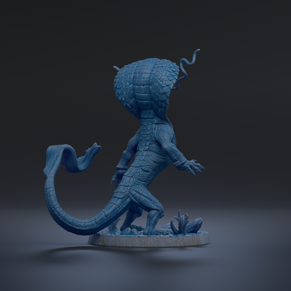 A 3D rendering of a blue, fantastical creature with a large head and long tail, standing on a base and facing away from the camera.
