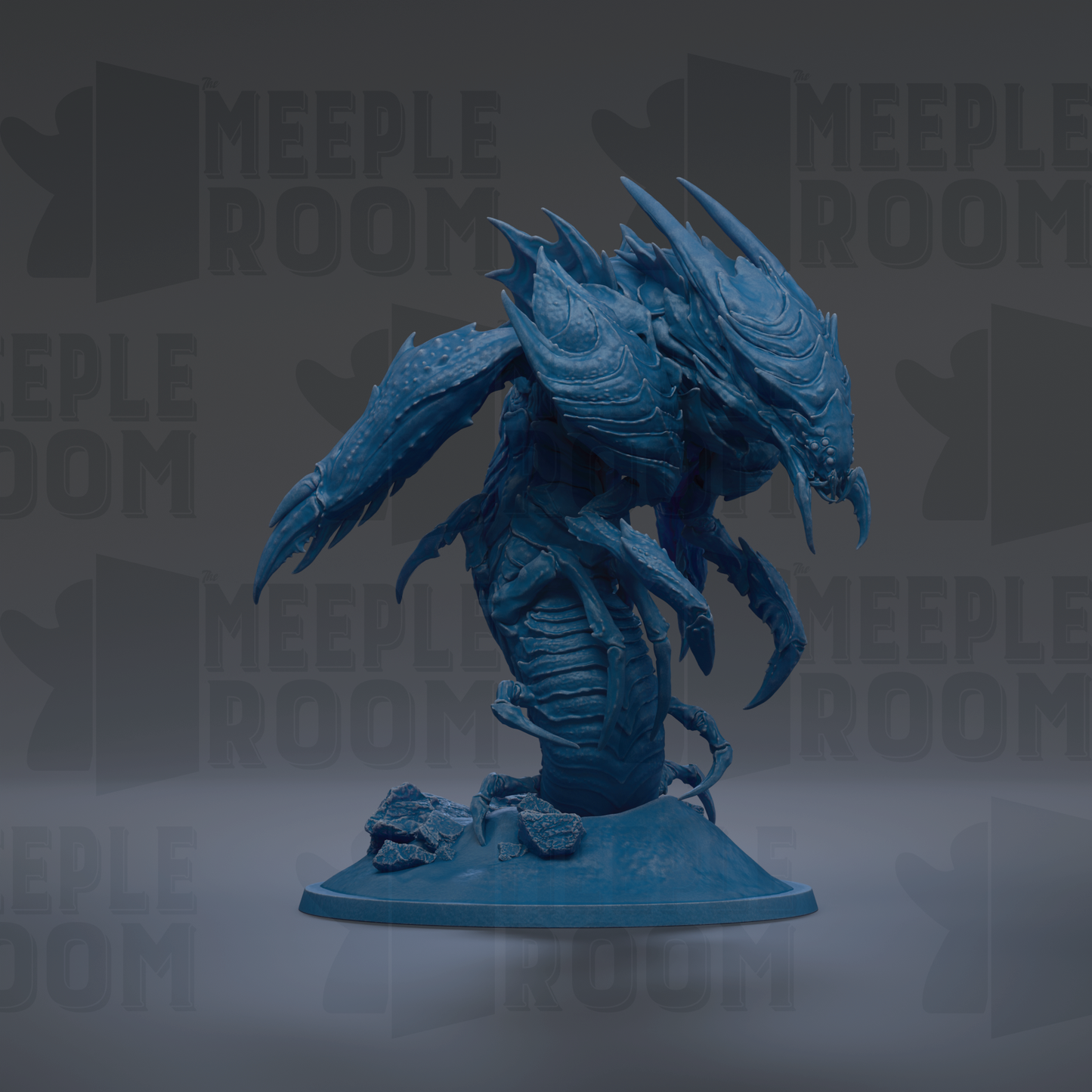 A blue, 3D-rendered creature resembling a dragon or sea monster, with sharp teeth and claws, is displayed against a dark background with repeated text.