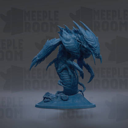 A blue, 3D-rendered creature resembling a dragon or sea monster, with sharp teeth and claws, is displayed against a dark background with repeated text.