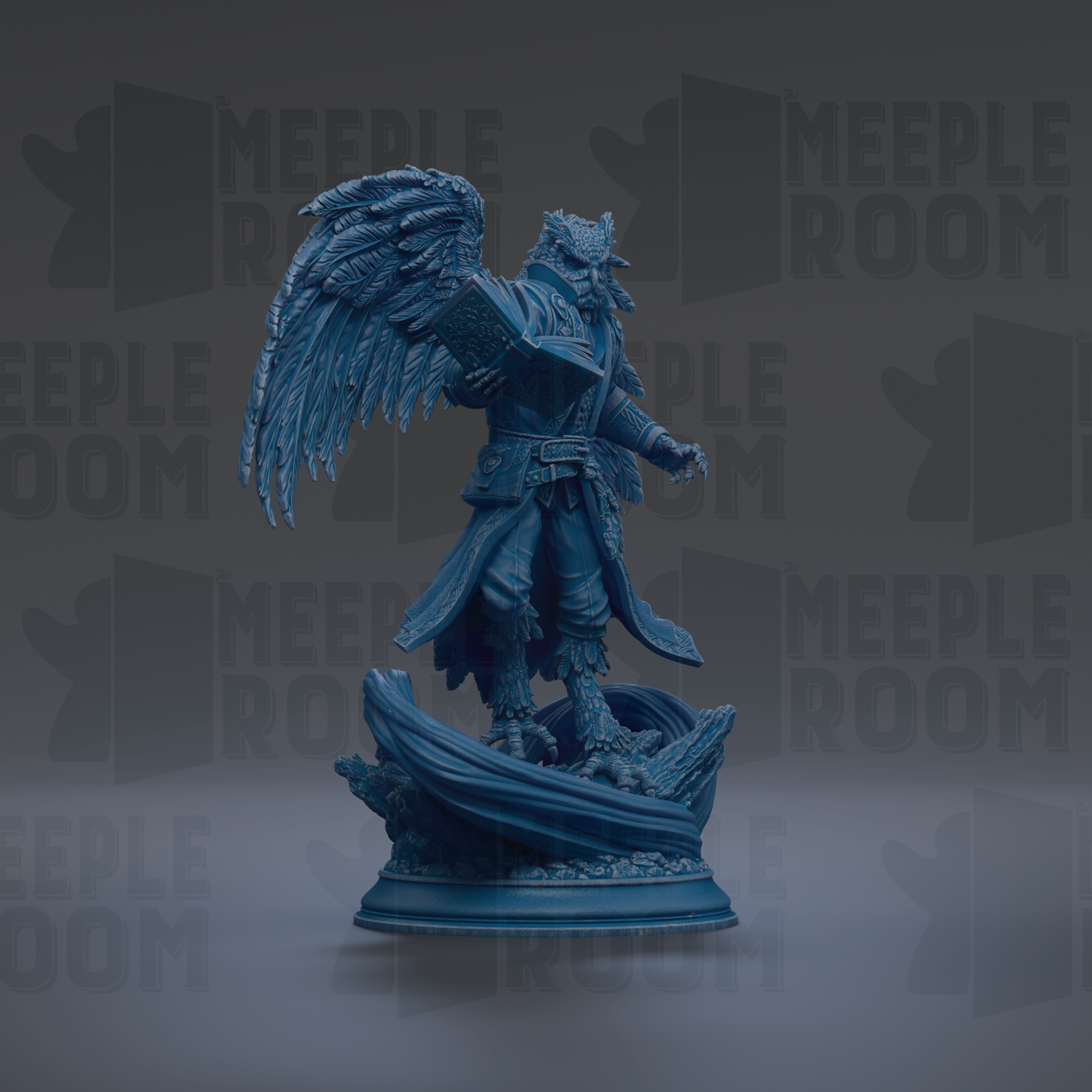 A blue statue of a winged figure with a book in hand, standing on a pedestal against a dark background with repeated "MEIPLE ROOM" text.