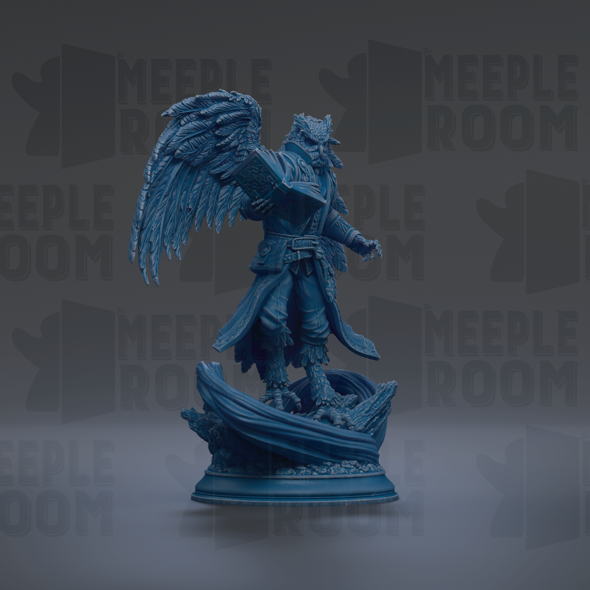 A blue statue of a winged figure with a book in hand, standing on a pedestal against a dark background with repeated "MEIPLE ROOM" text.