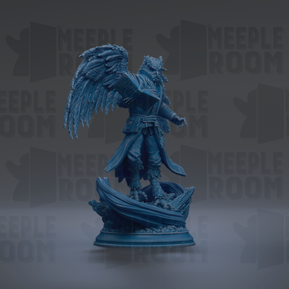 A blue statue of a winged figure with a book in hand, standing on a pedestal against a dark background with repeated "MEIPLE ROOM" text.