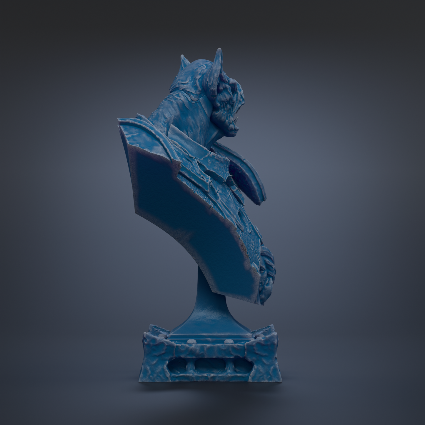 A blue, 3D-rendered statue of a fantastical creature, possibly a dragon or mythical being, standing on a pedestal against a dark background.
