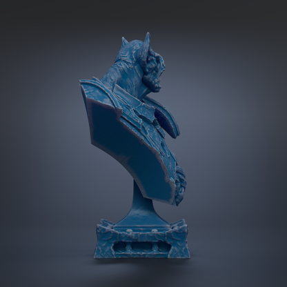 A blue, 3D-rendered statue of a fantastical creature, possibly a dragon or mythical being, standing on a pedestal against a dark background.