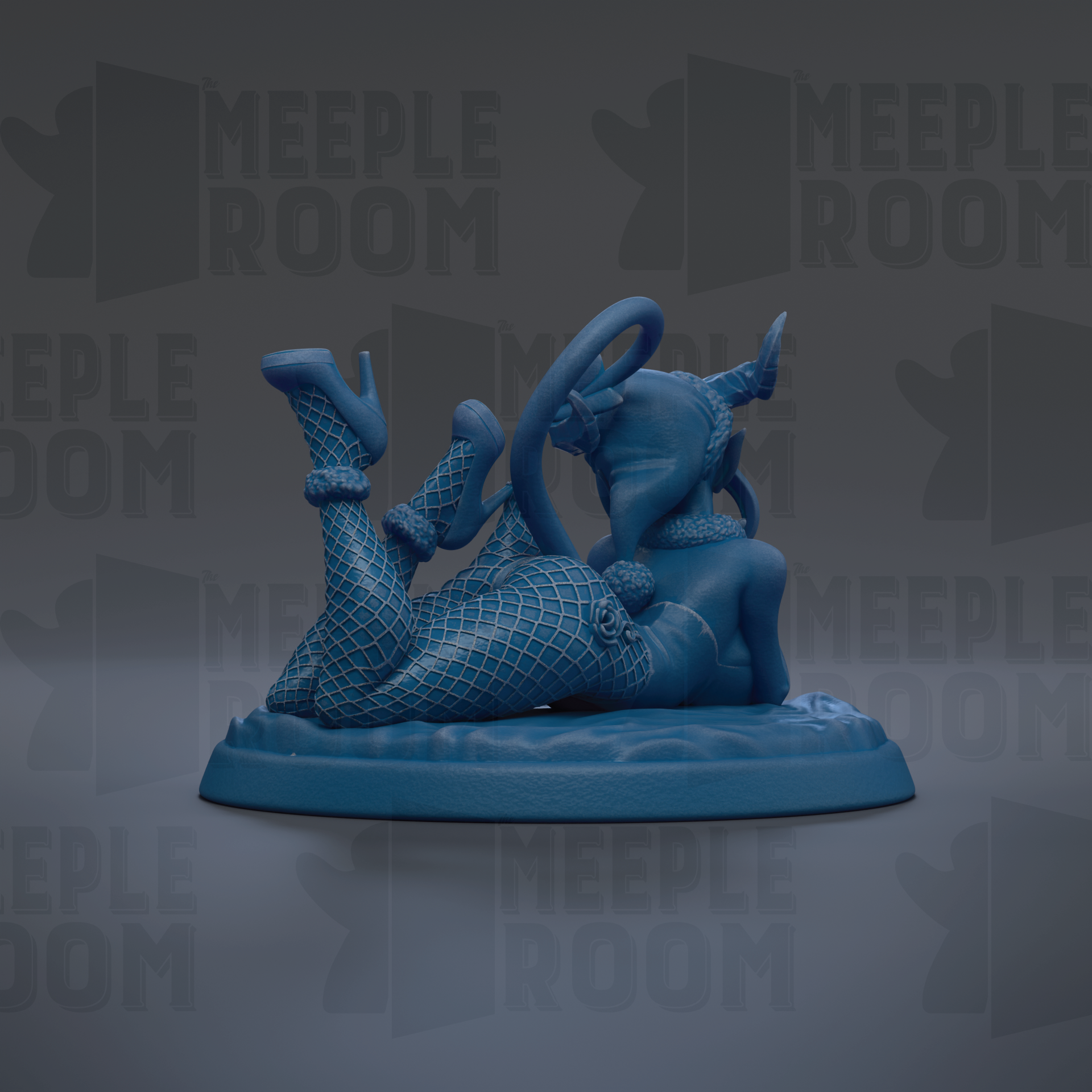 A blue figurine of a woman with fishnet stockings and high heels, lying on a blue base.