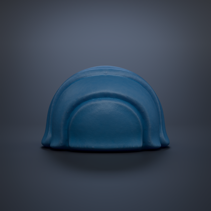 A blue, curved object resembling a helmet or hat is shown against a dark background.