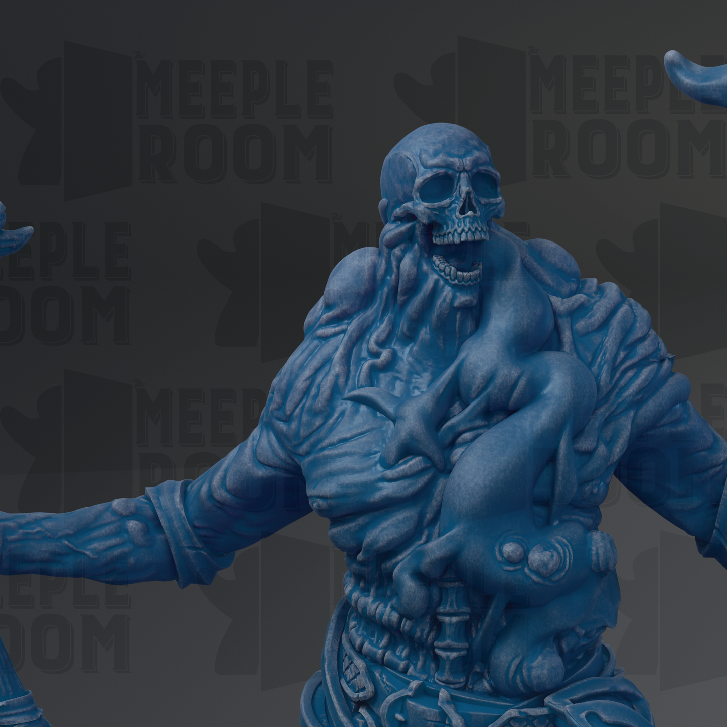 A blue, skull-like statue with a distorted, twisted body and a large, open mouth, set against a dark background with repeated text.