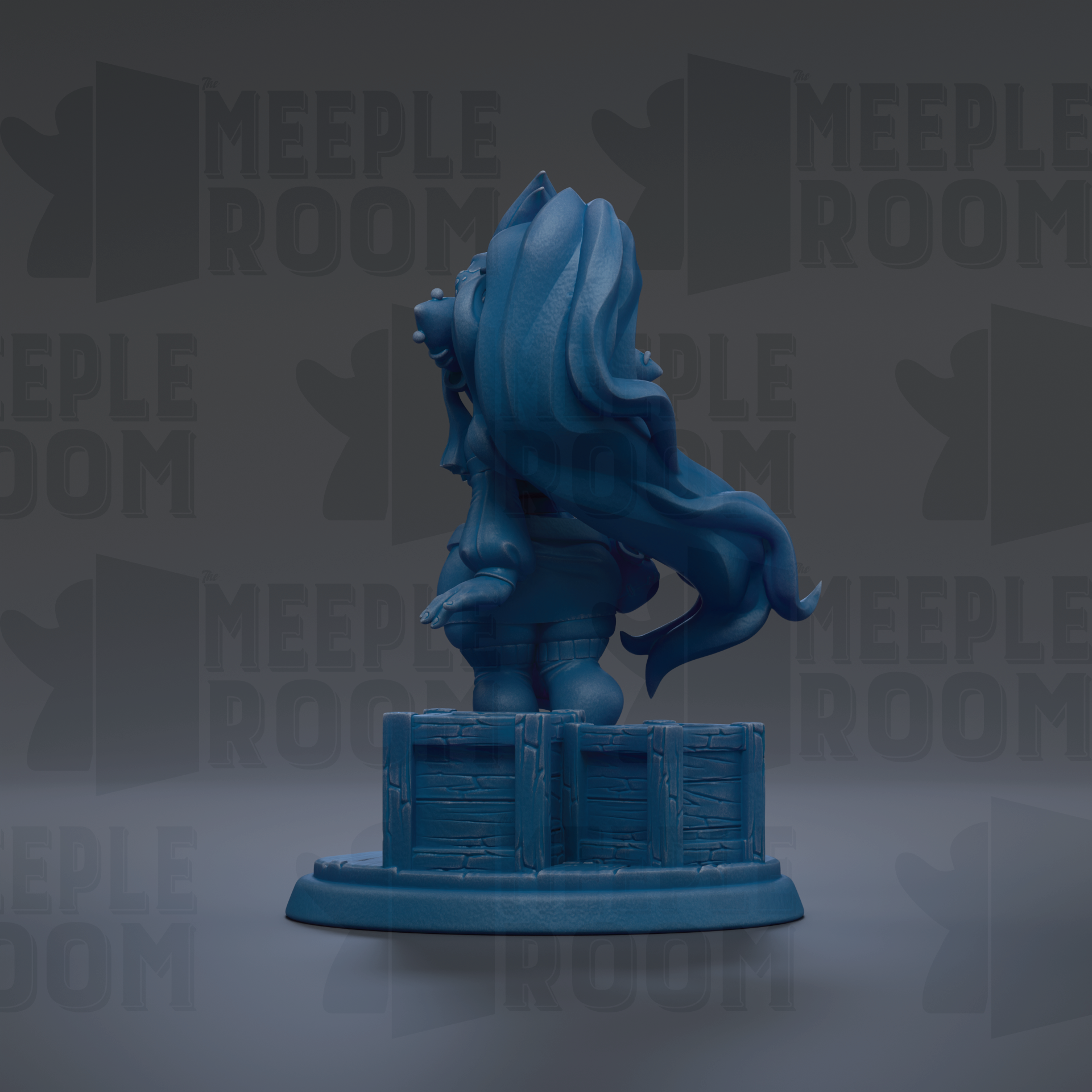 A blue figurine of a person with long hair is sitting on a blue base, with the text "MEEPLE ROOM" repeated in the background.
