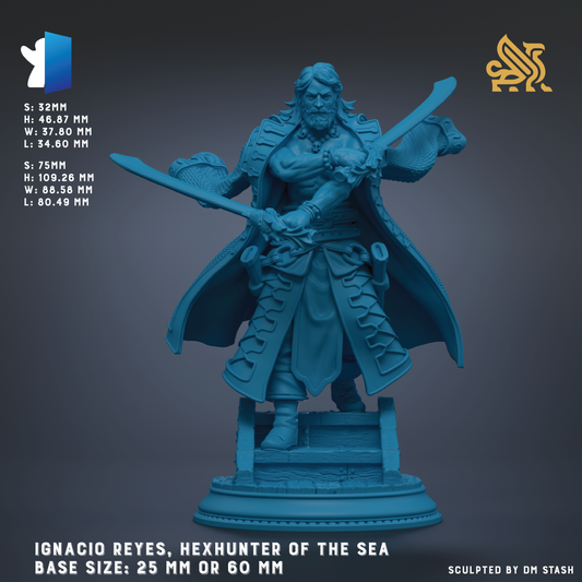 a blue statue of a man with long hair and a beard, holding a sword and a shield, standing on a pedestal. The statue is of the character Ignacio Reyes, known as Hex Hunter of the Sea. The statue is of a base size of 25 mm or 60 mm.