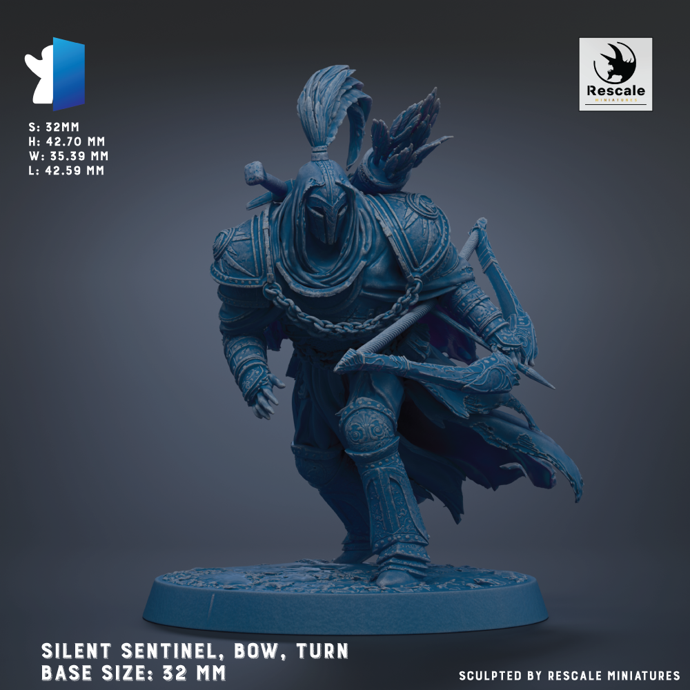 A detailed 3D model of a knight in armor, with a large helmet and a sword, standing on a base. The model is described as "Silent Sentinel, Bow, Turn" and is "Base Sizes: 32 mm".
