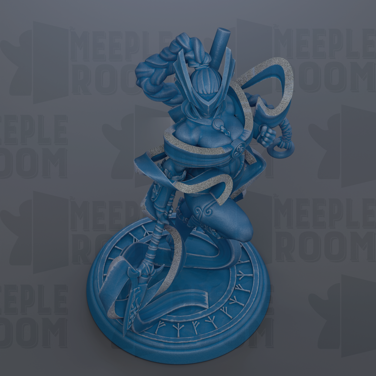 A blue figurine of a warrior-like character with a helmet and sword, standing on a circular base with a geometric pattern.