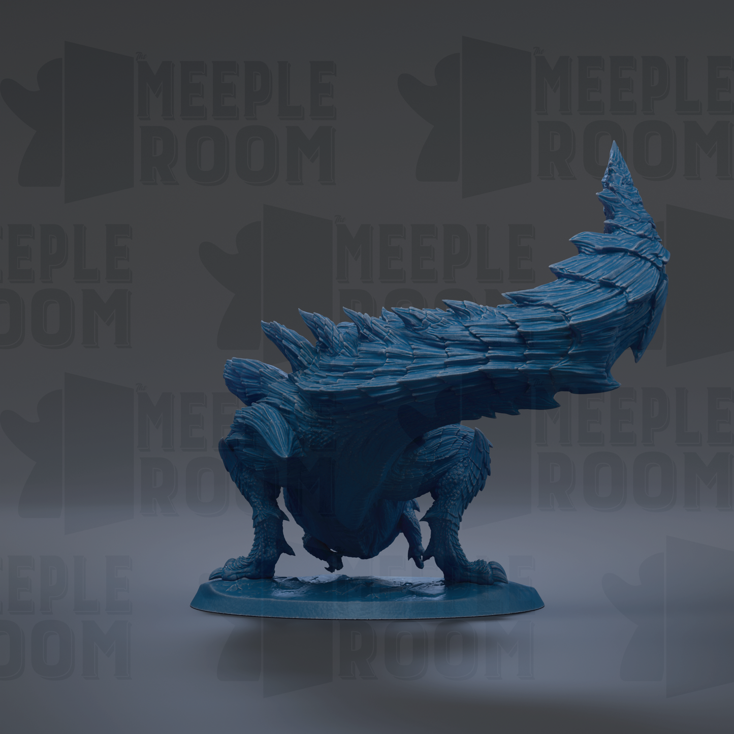 A blue, 3D-rendered creature with a long, curved tail and sharp, pointed features is depicted in the image.