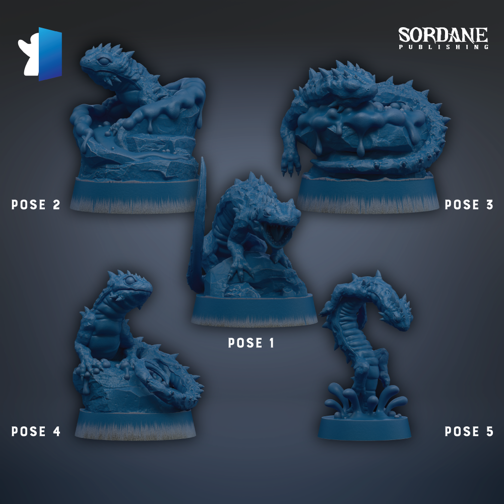 five different poses of a blue, spiky creature, each displayed on a blue base.