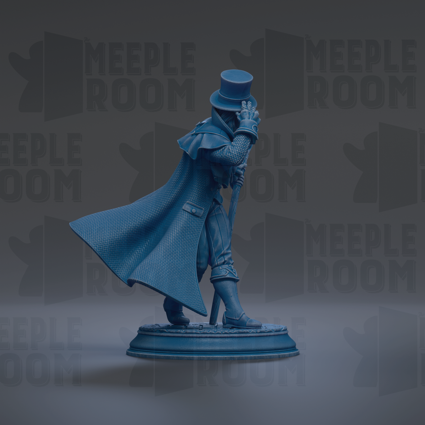 A blue statue of a person wearing a top hat and coat, standing on a pedestal.