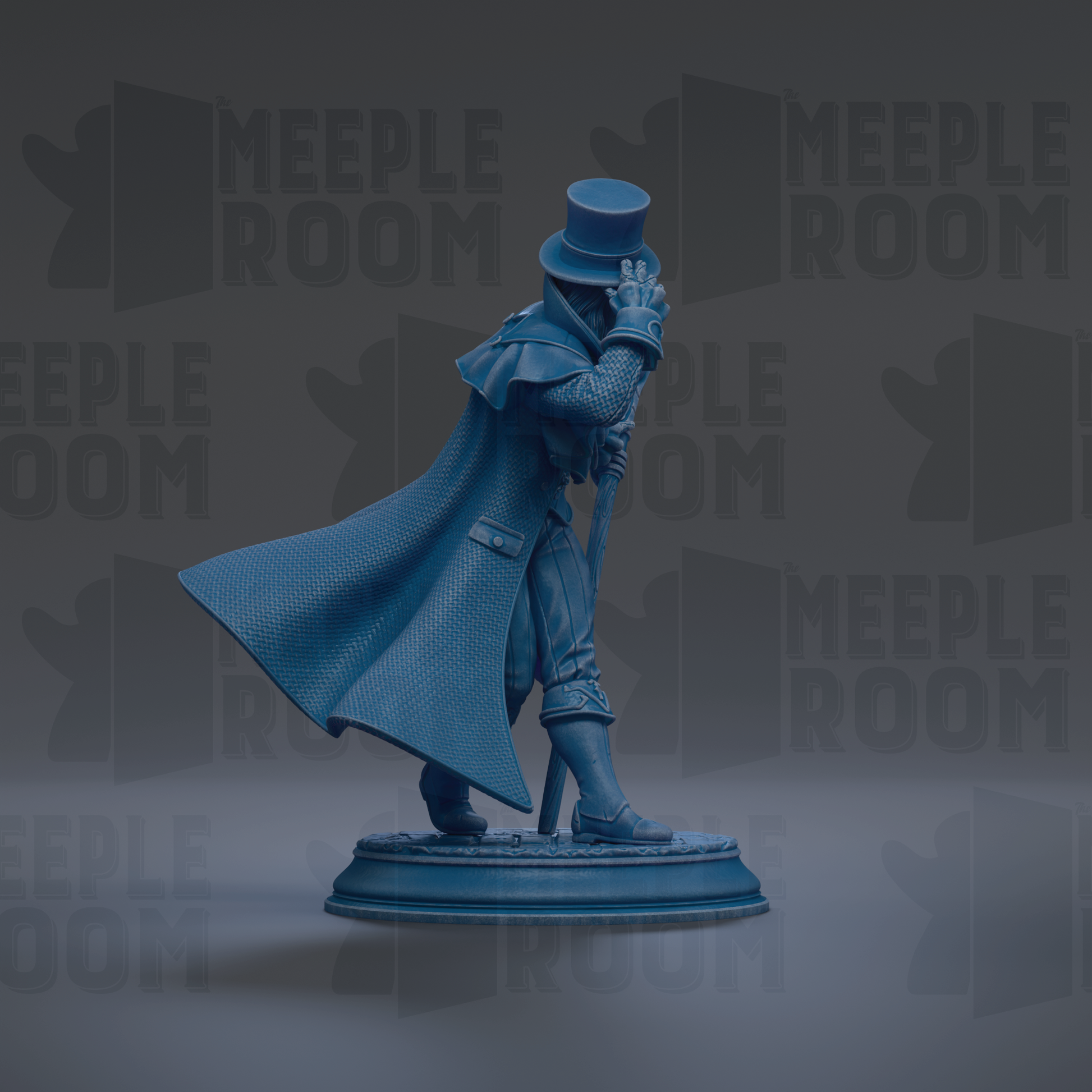 A blue statue of a person wearing a top hat and coat, standing on a pedestal.