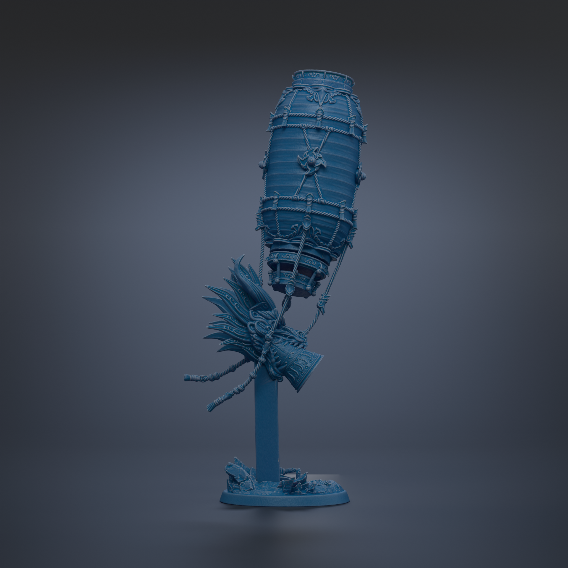 A blue, 3D-rendered statue of a fantastical creature with intricate details and a large, cylindrical body.