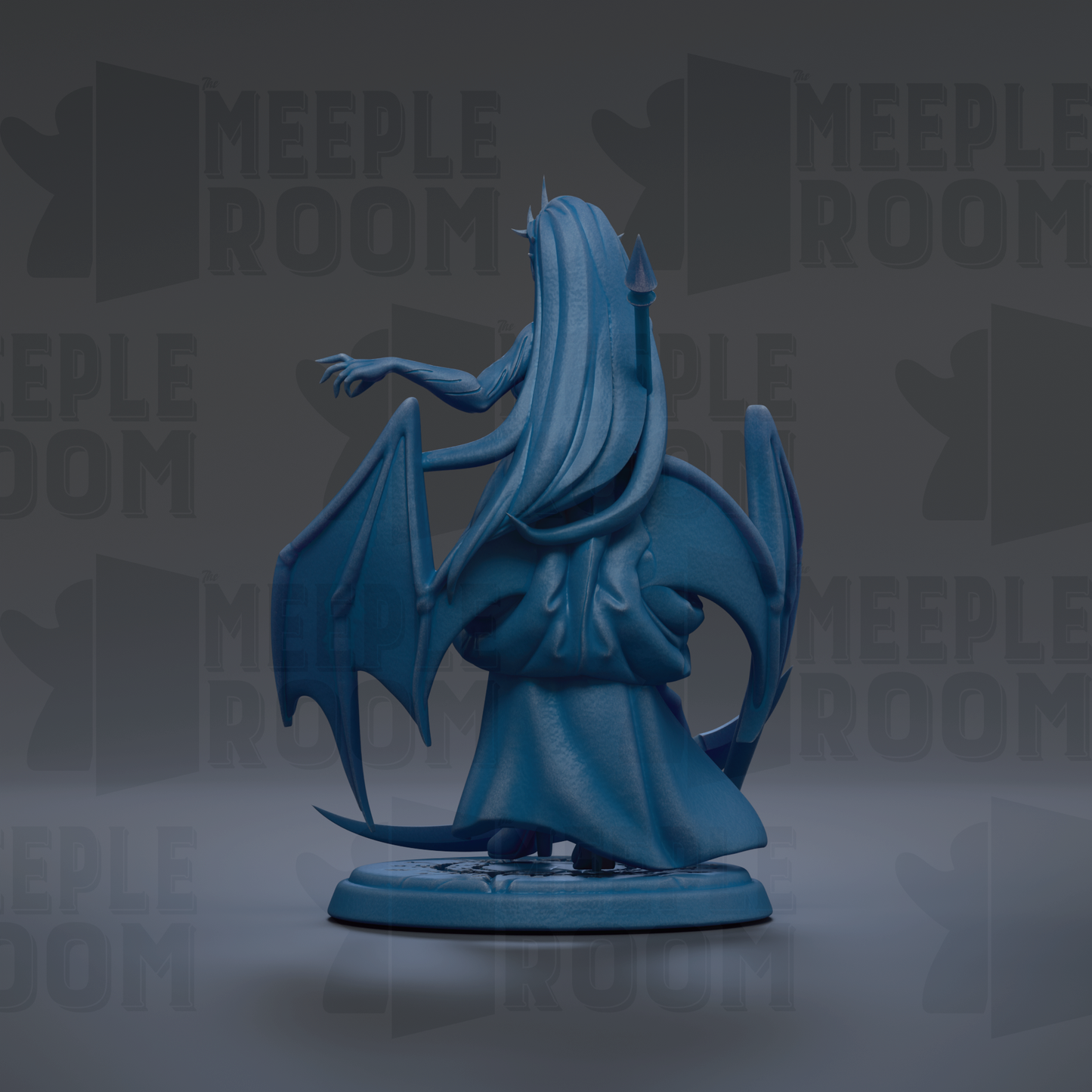 A blue dragon figurine with wings and a long tail is shown against a dark background with repeated text.
