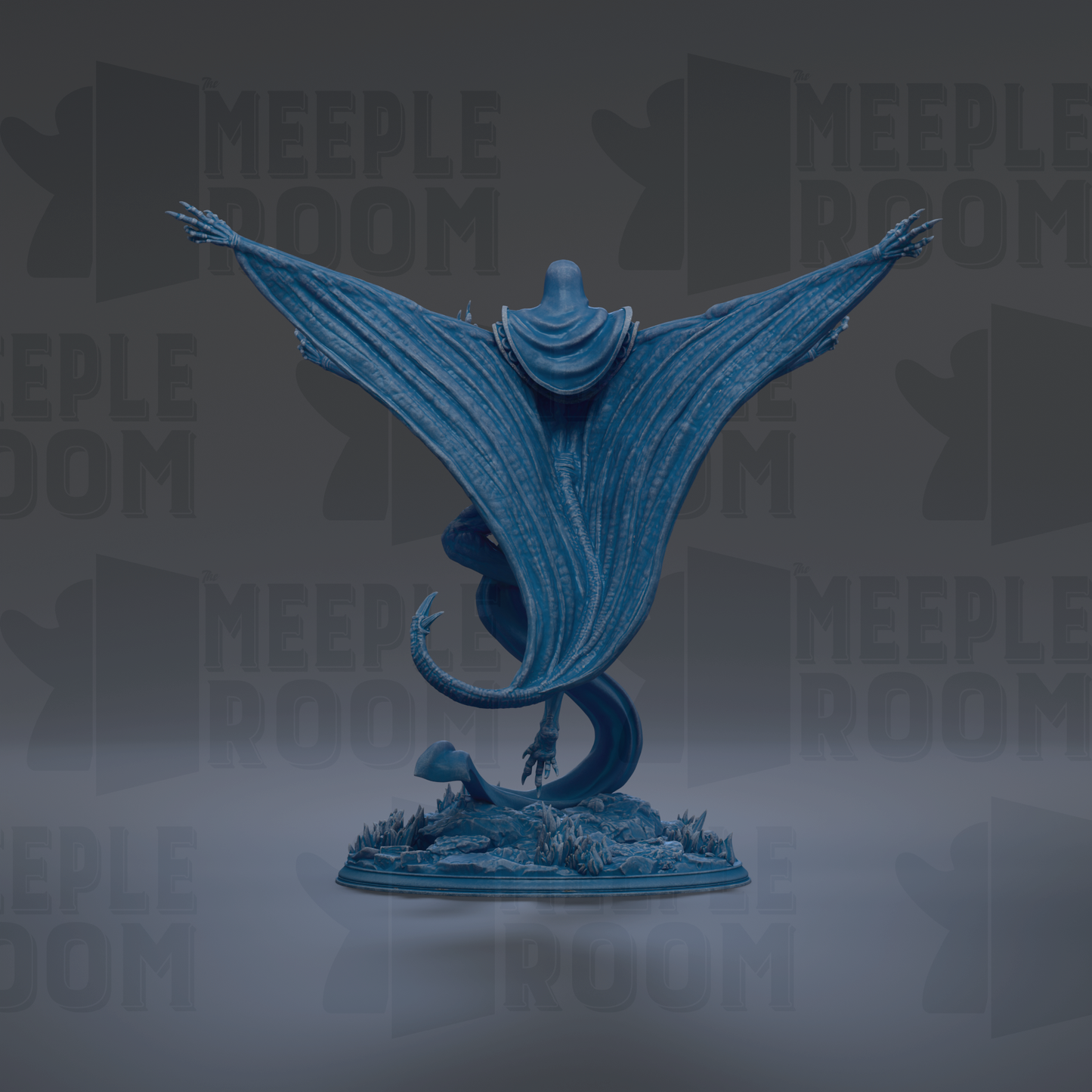 A blue, winged statue with a long tail, standing on a base with a plant-like structure at the bottom.