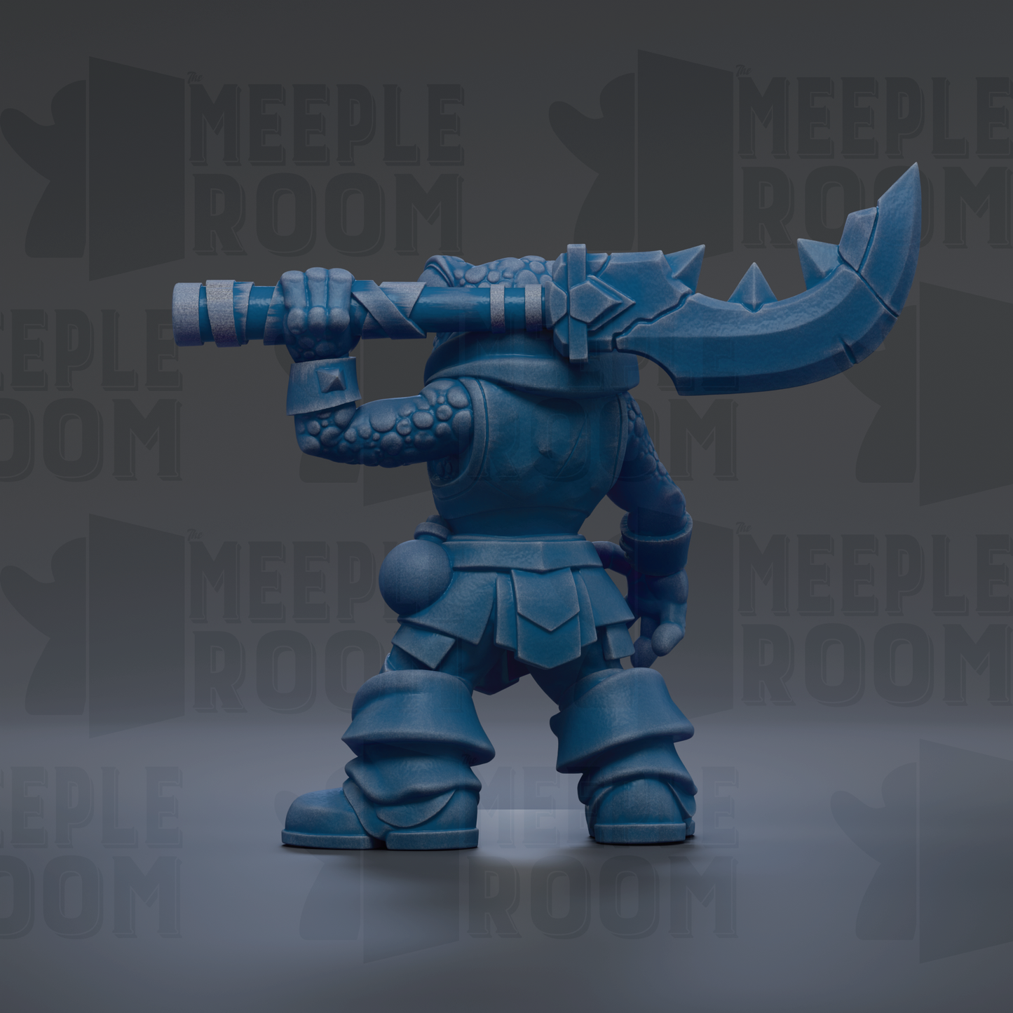 A blue, armored warrior figure holding a large sword stands in the center of the image against a dark background with repeated text.