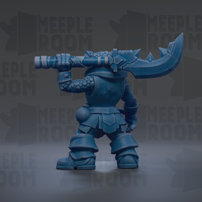 A blue, armored warrior figure holding a large sword stands in the center of the image against a dark background with repeated text.