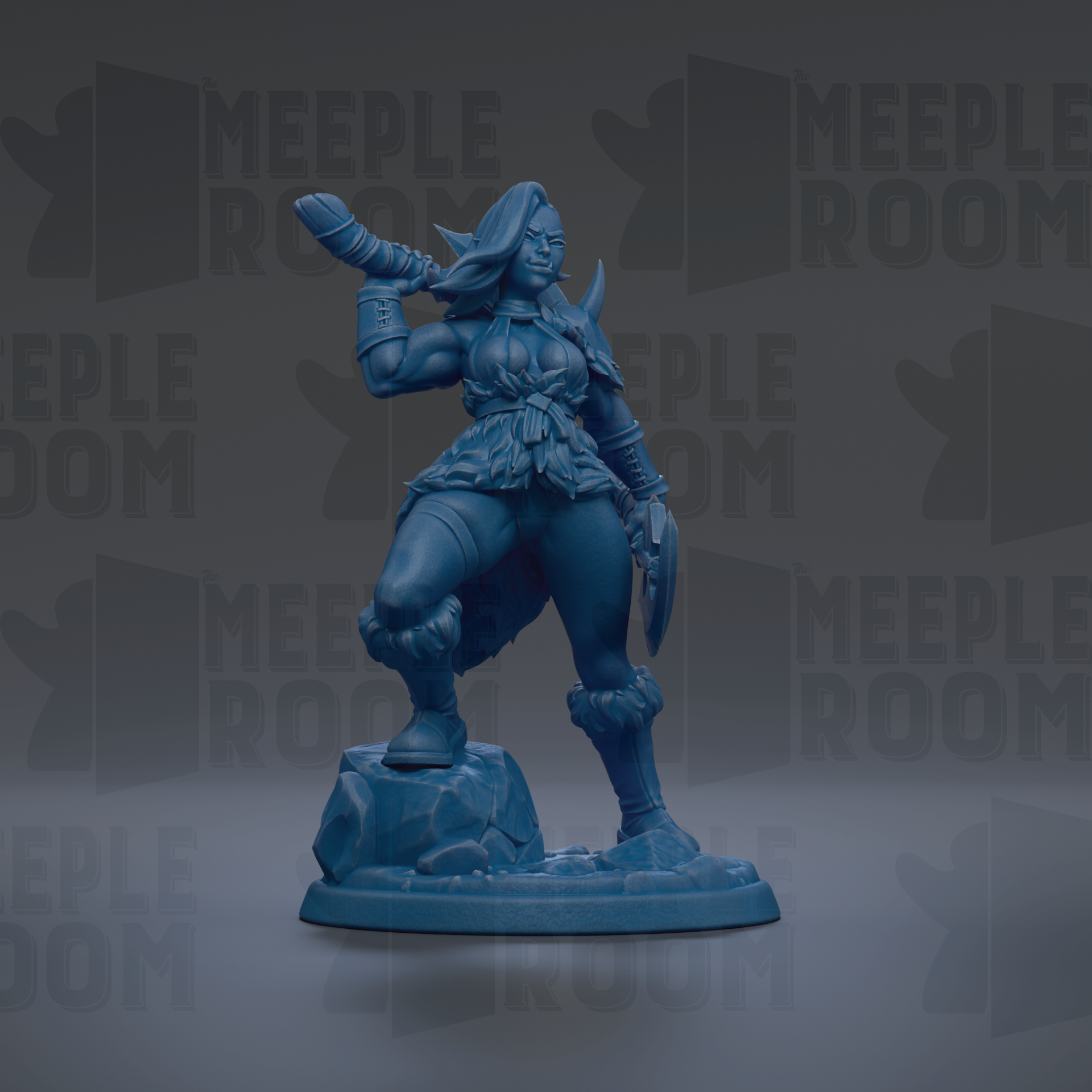 A blue figurine of a warrior standing on a rock, holding a weapon and wearing a flowing robe.