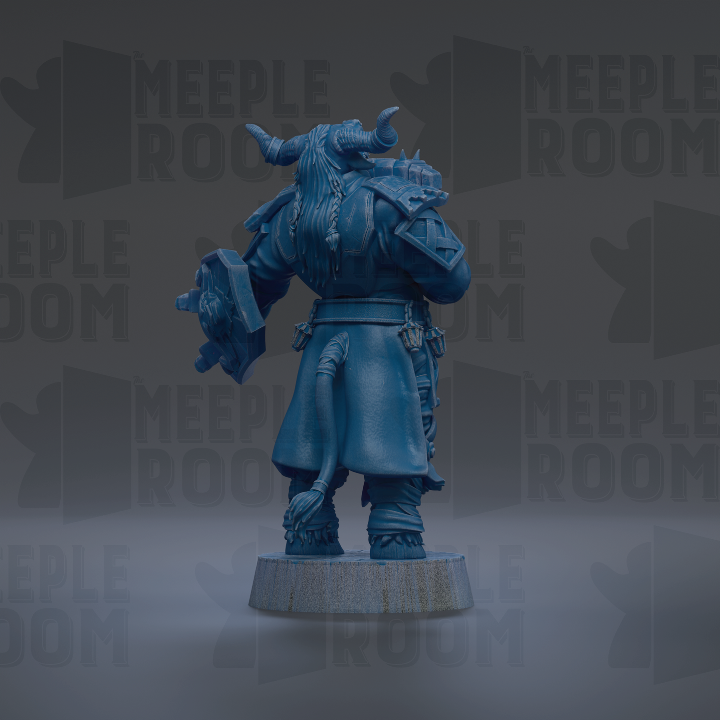 A blue figurine of a dragon-like creature with horns and a long tail, standing on a pedestal against a dark background with repeated text.