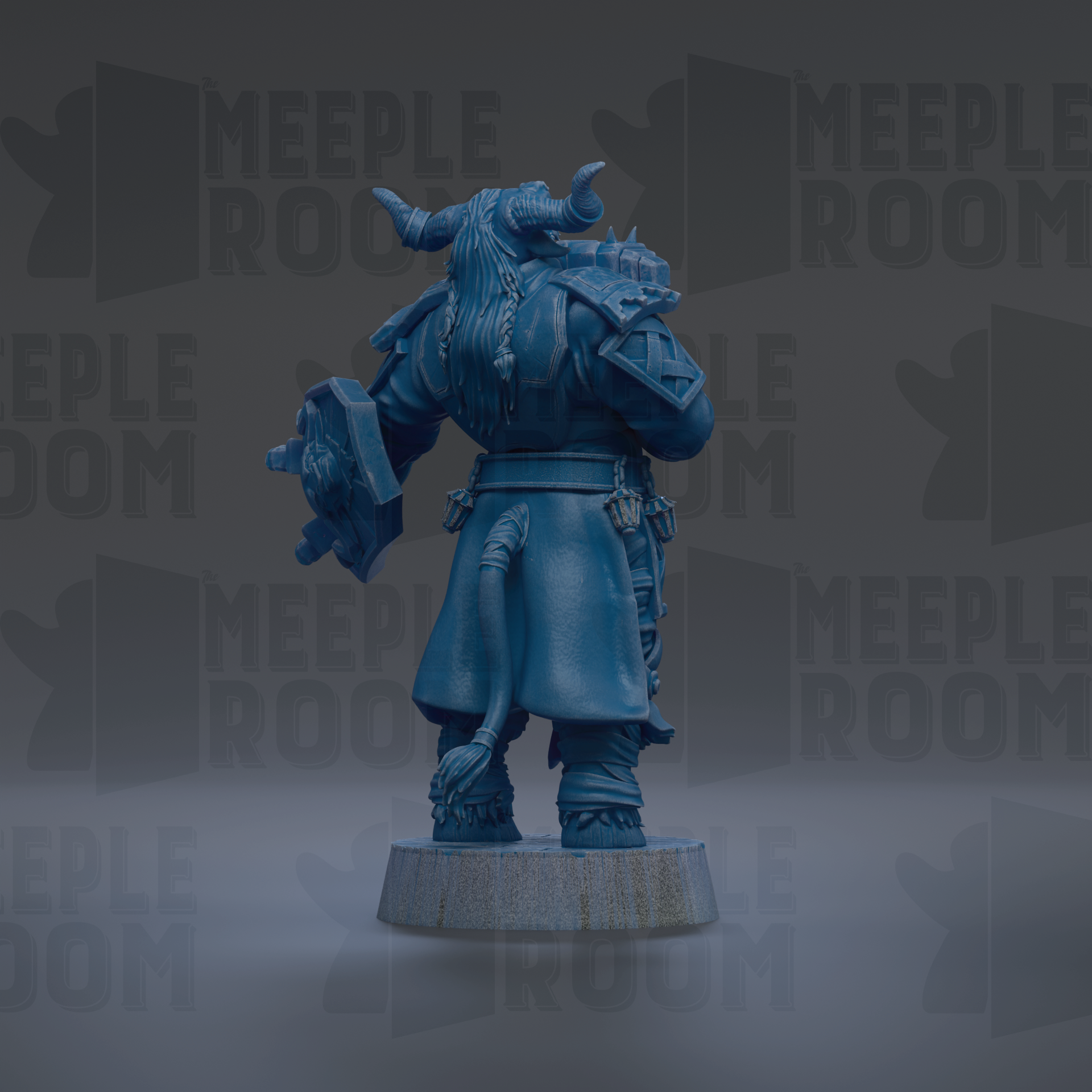A blue figurine of a dragon-like creature with horns and a long tail, standing on a pedestal against a dark background with repeated text.