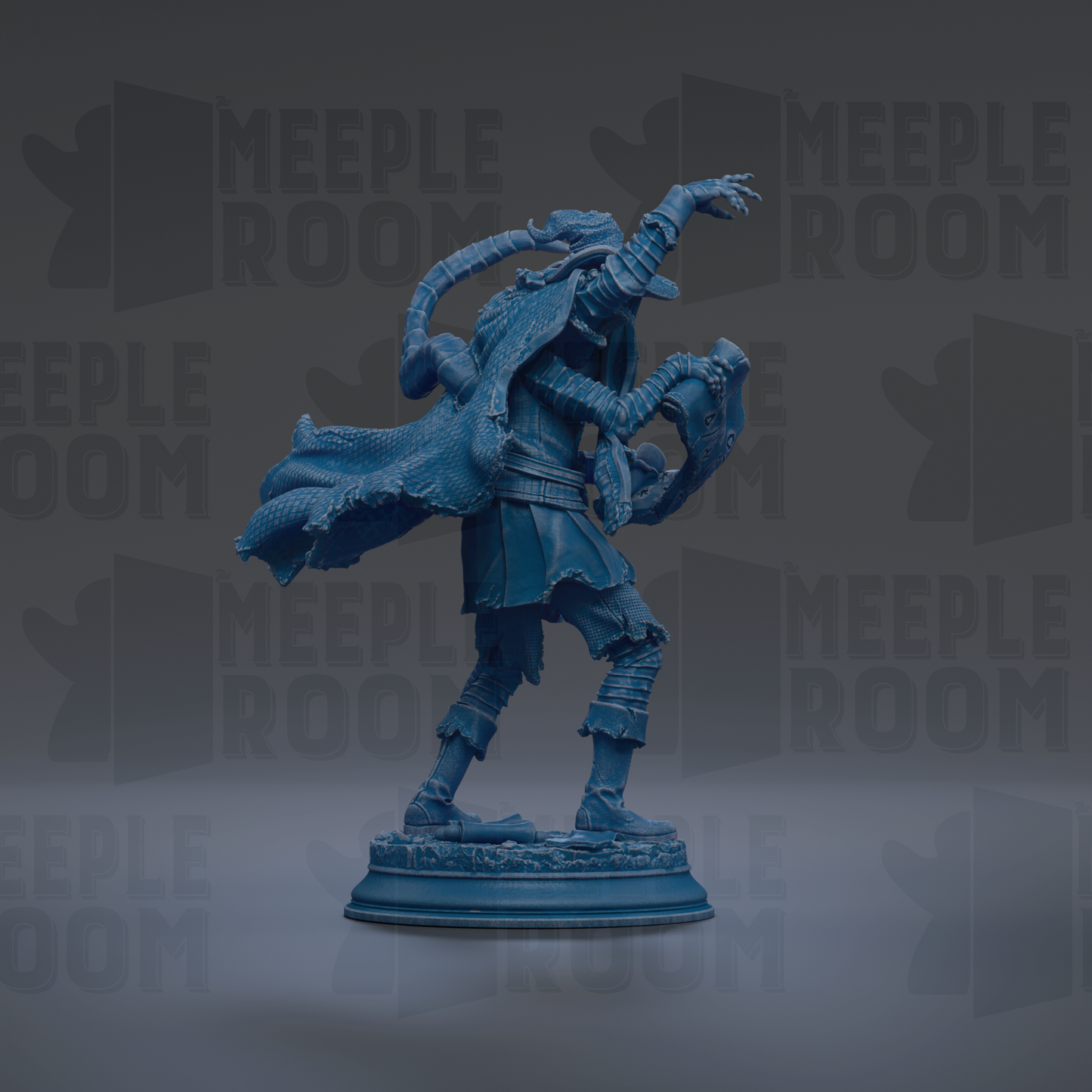 A blue statue of a figure with a cape and holding a weapon, standing on a pedestal against a dark background with repeated text.