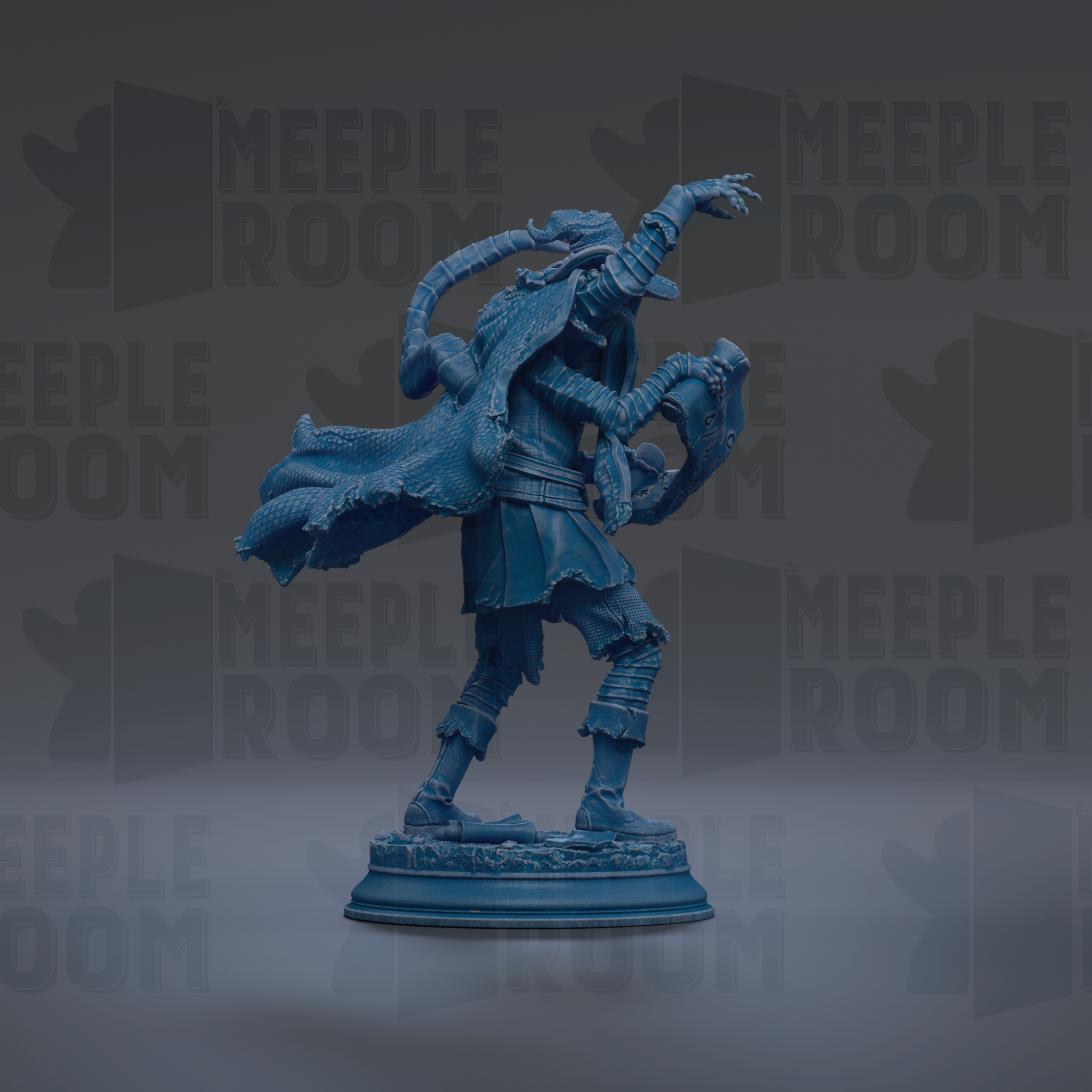 A blue statue of a figure with a cape and holding a weapon, standing on a pedestal against a dark background with repeated text.