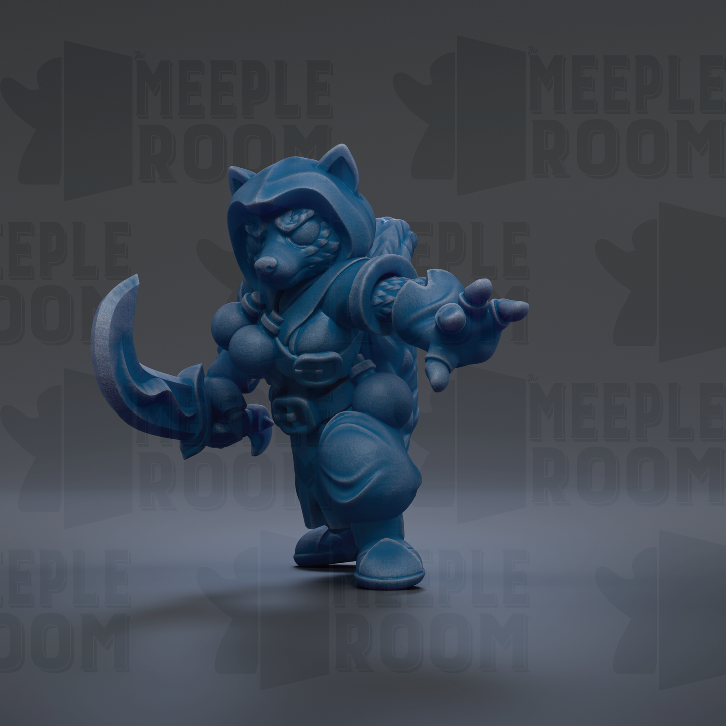 A blue, cartoonish-looking character with a sword and shield, standing in a dark background with repeated text.