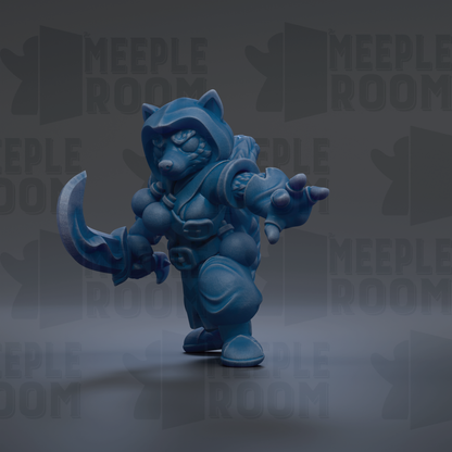 A blue, cartoonish-looking character with a sword and shield, standing in a dark background with repeated text.