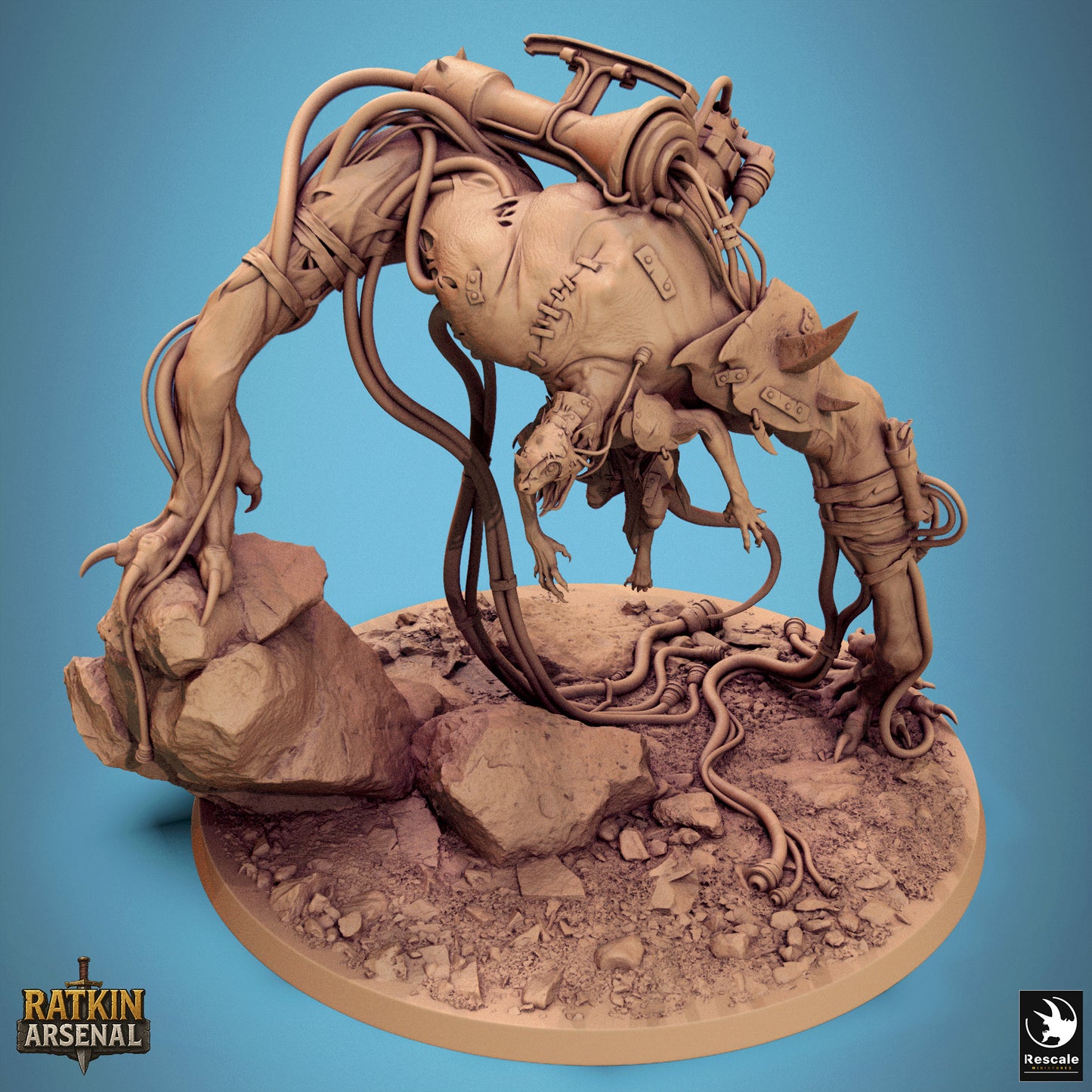 a large, intricate, and detailed 3D model of a robotic or mechanical creature, possibly a mechanical animal or a futuristic machine, situated on a rocky surface.