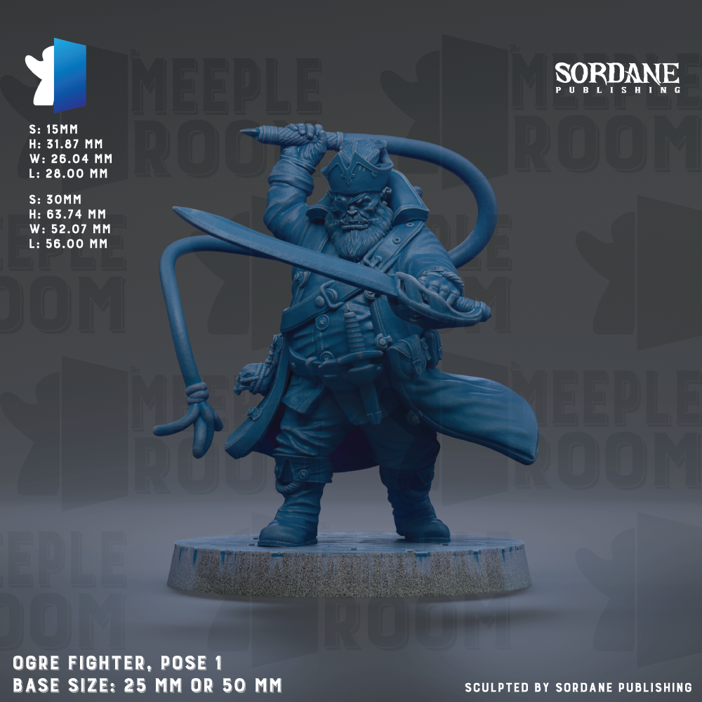 The image is a detailed 3D model of an OGRE fighter, a character from the video game series "Meeple". The model is posed in a fighting stance, holding a sword in one hand and a whip in the other. The base size of the model is 25 mm or 50 mm, depending on the perspective. The image is a collage of multiple images, and it is described as a "sculpted by Sordane Publishing" image.