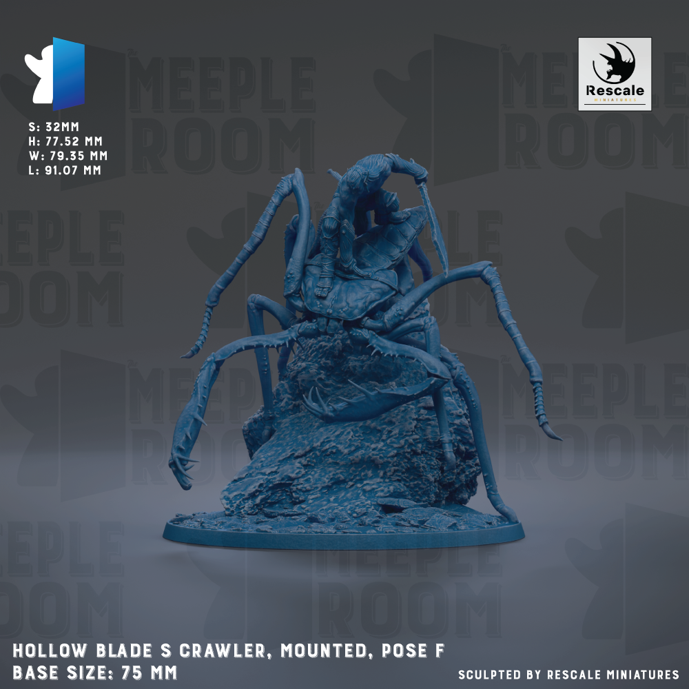 The image is a 3D model of a large blue spider-like creature with multiple legs, mounted on a base and positioned on a rock. The image is described as a "HOLOW BLADE S CRAWLER, MOUNTED, POSE F" and is shown in a "BASE SIZE: 75 MM". The image is described as a "RESCALE MINI-TECHNICAL" and is shown in a "RESCALE" logo.