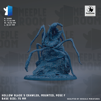 The image is a 3D model of a large blue spider-like creature with multiple legs, mounted on a base and positioned on a rock. The image is described as a "HOLOW BLADE S CRAWLER, MOUNTED, POSE F" and is shown in a "BASE SIZE: 75 MM". The image is described as a "RESCALE MINI-TECHNICAL" and is shown in a "RESCALE" logo.