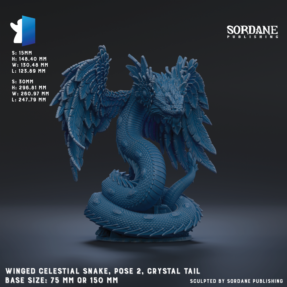 The image is a detailed 3D rendering of a winged celestial snake, with a focus on its crystal tail. The snake is depicted in a pose with its wings spread wide, showcasing its intricate scales and the smooth, flowing movement of its body. The image is a sculpture, and the base size is 75 mm or 150 mm. The image is published by Sordane Publishing.