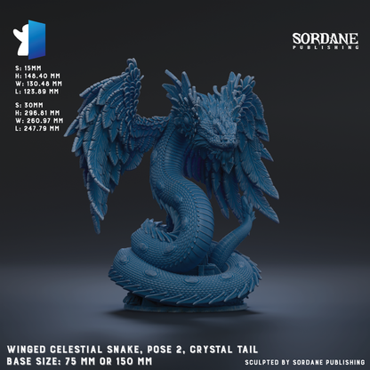 The image is a detailed 3D rendering of a winged celestial snake, with a focus on its crystal tail. The snake is depicted in a pose with its wings spread wide, showcasing its intricate scales and the smooth, flowing movement of its body. The image is a sculpture, and the base size is 75 mm or 150 mm. The image is published by Sordane Publishing.