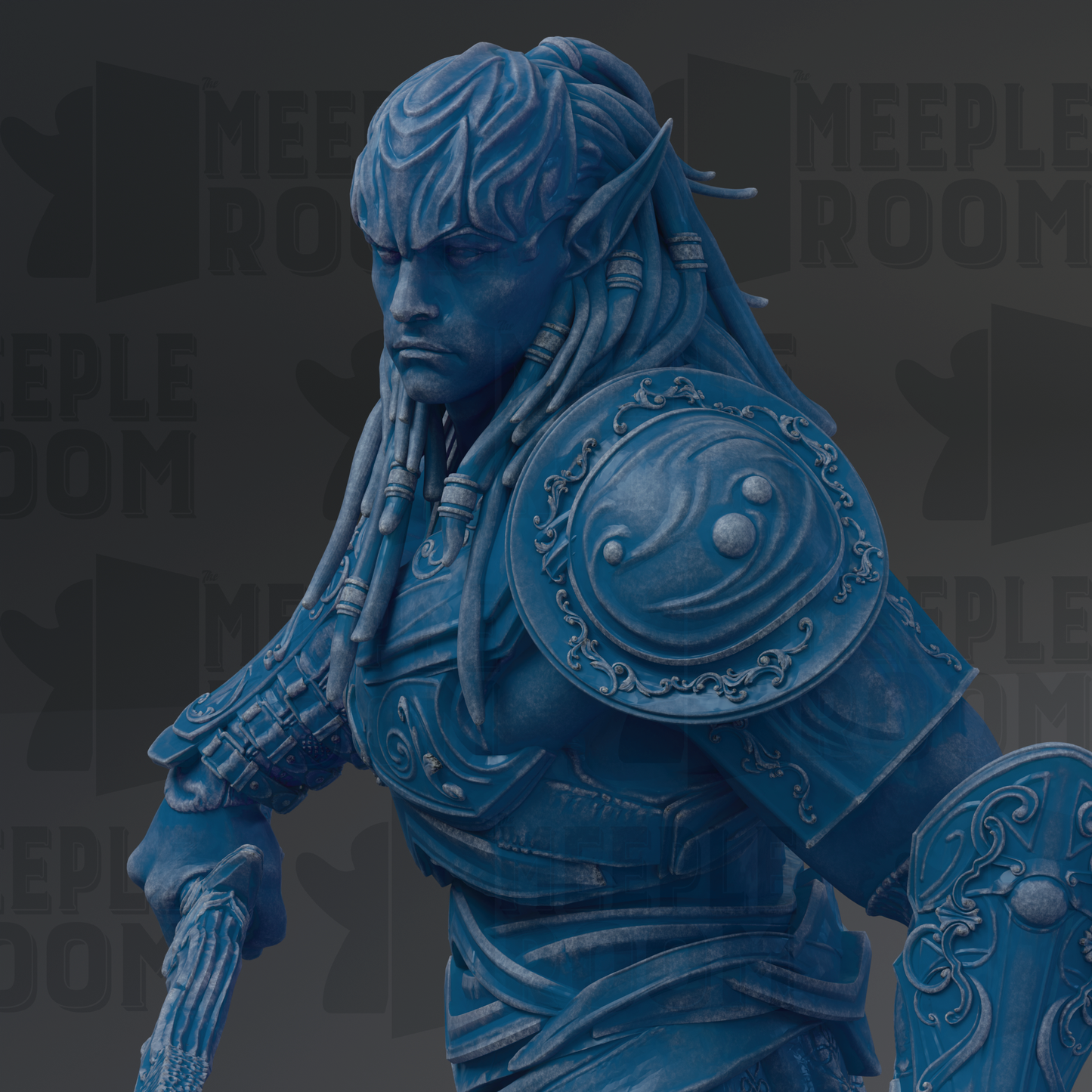 A blue statue of a warrior figure with intricate armor and a determined expression, standing against a dark background with the word "MEELROOM" repeated in the background.