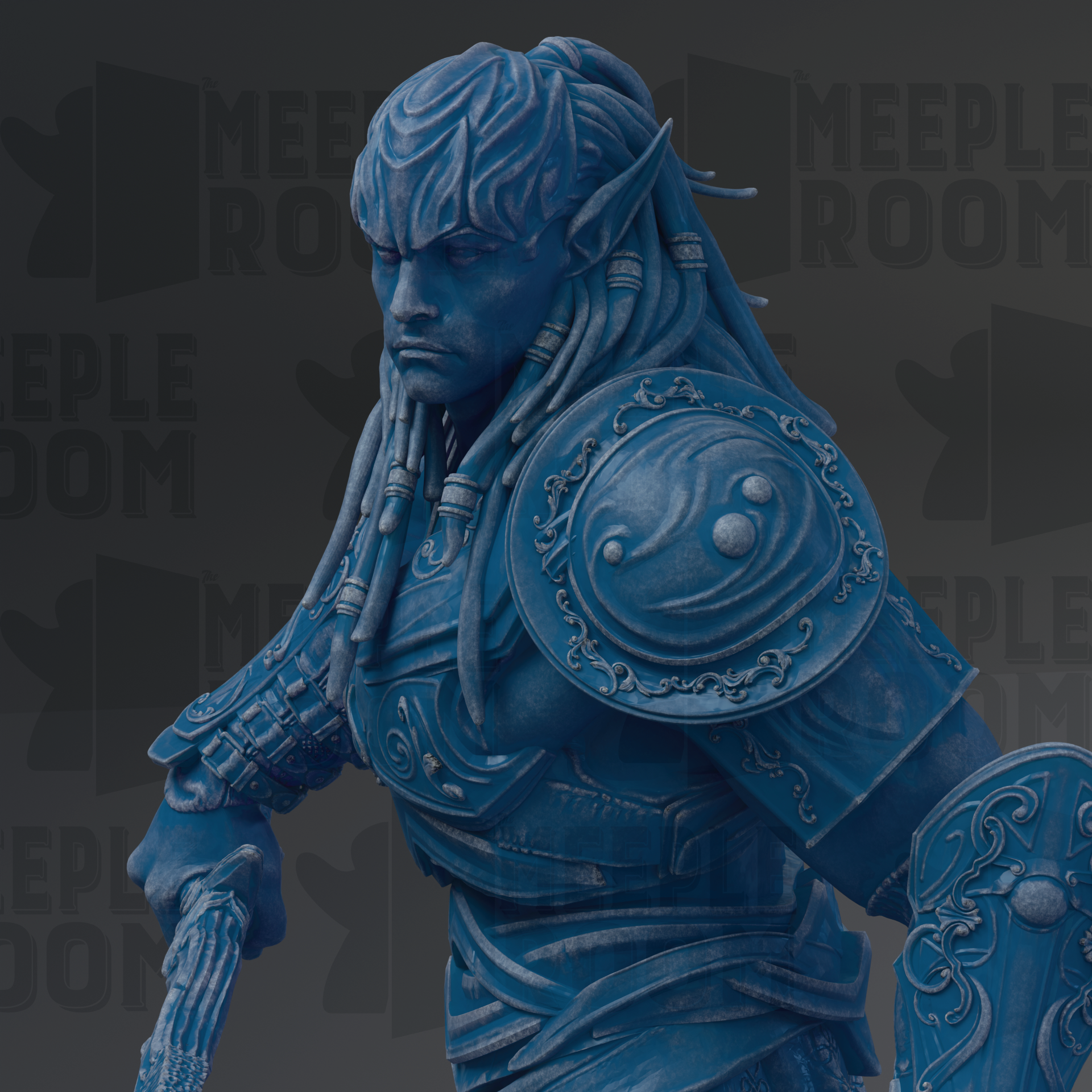 A blue statue of a warrior figure with intricate armor and a determined expression, standing against a dark background with the word "MEELROOM" repeated in the background.