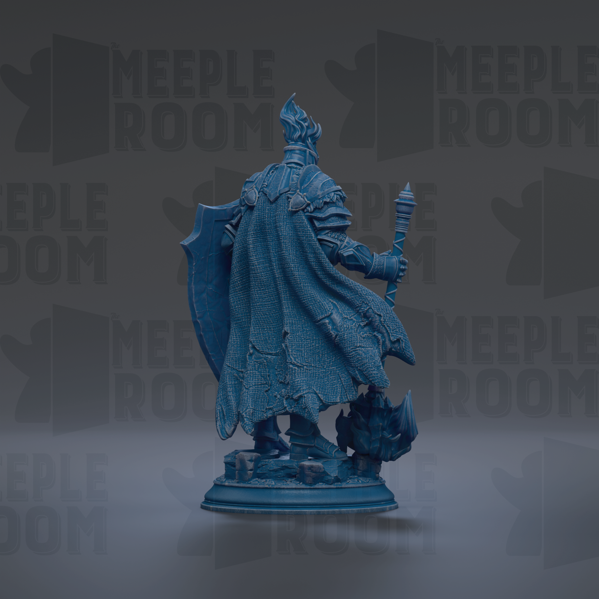 A 3D rendering of a blue armored figure holding a shield and a staff, standing on a base.