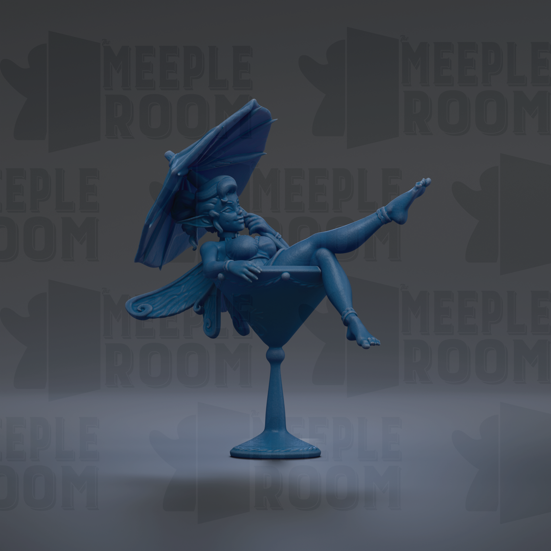 A blue figurine of a fairy sitting in a martini glass, with an umbrella above her head, against a dark background with repeated text.