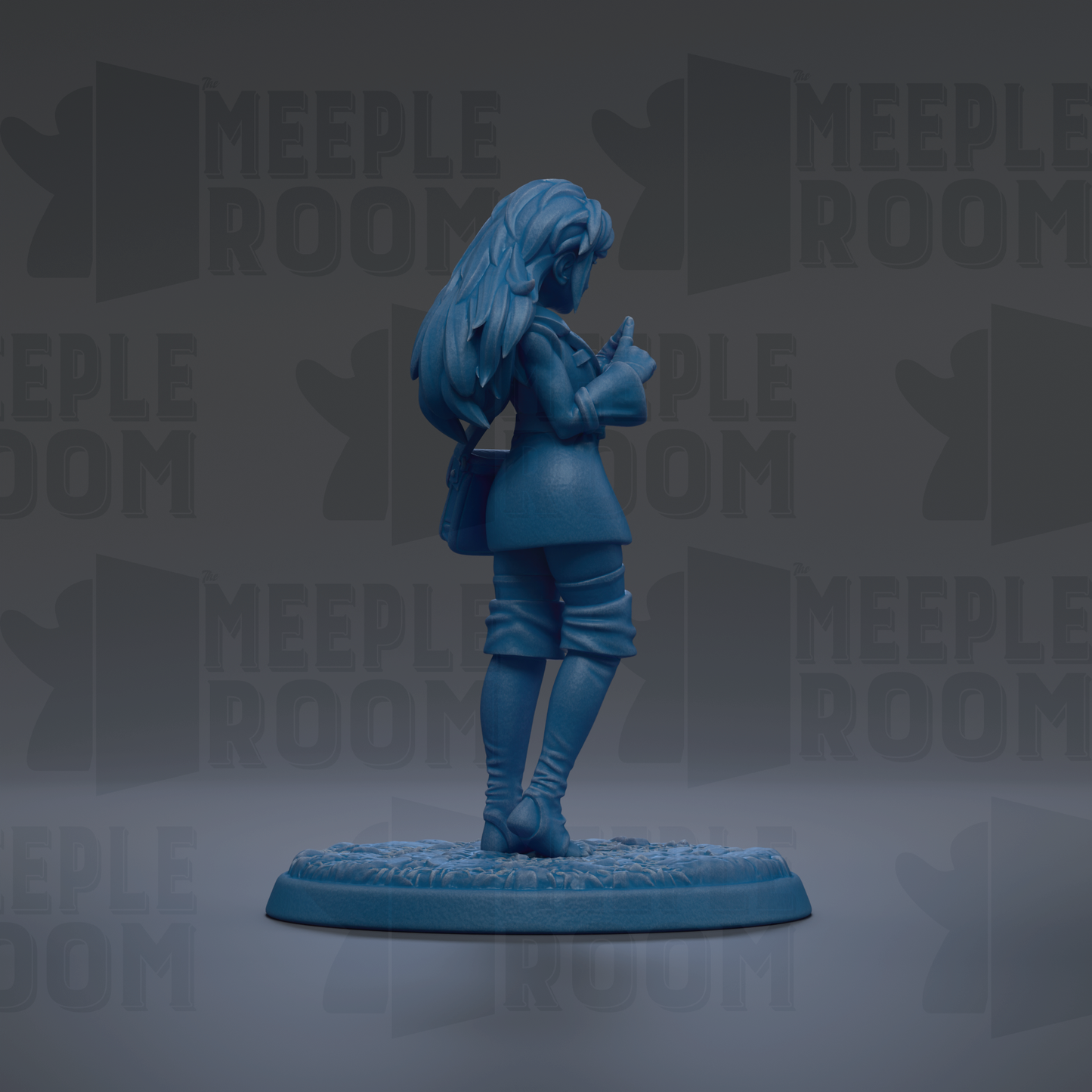 A blue figurine of a person standing on a base, with the text "MEUPLE ROOM" repeated in the background.