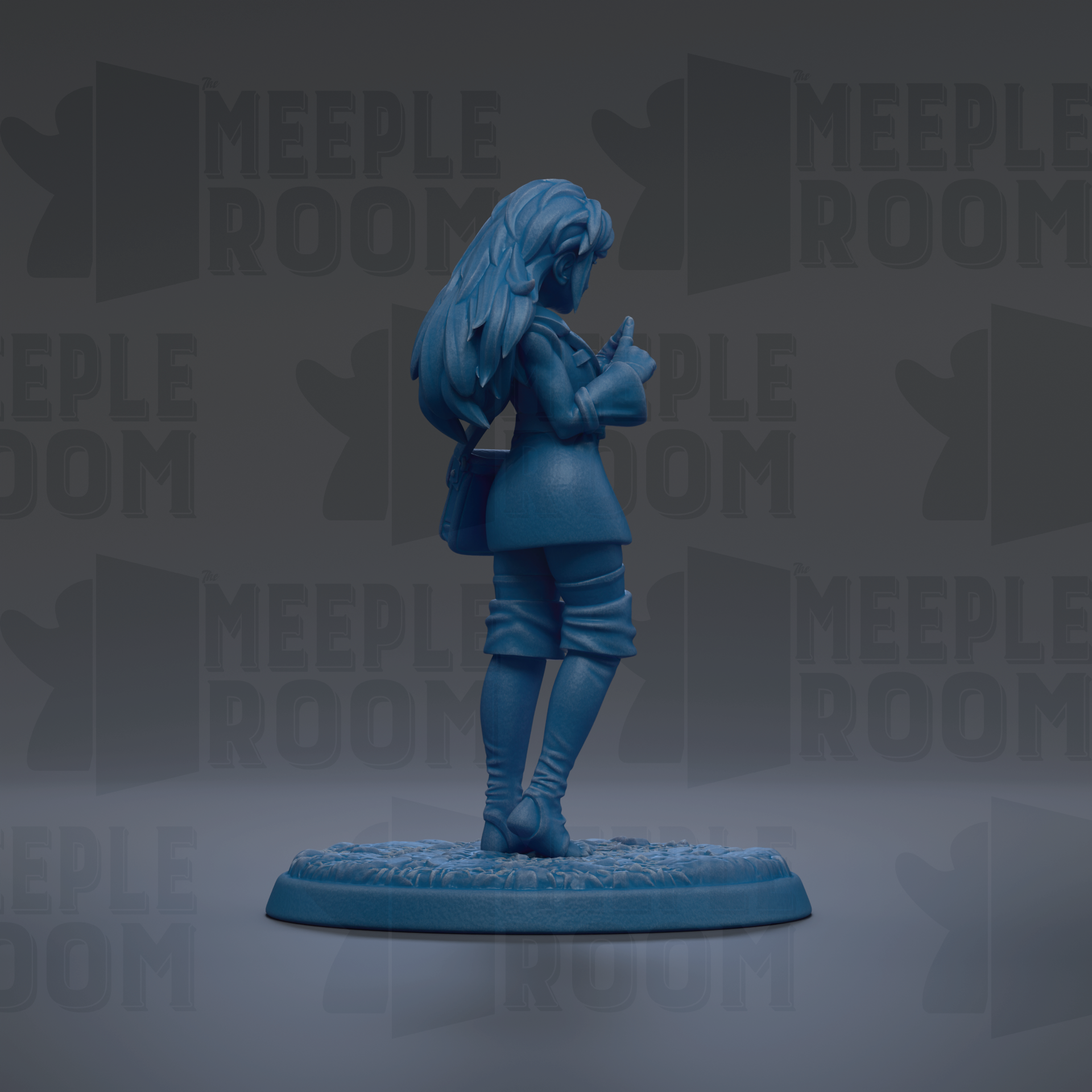 A blue figurine of a person standing on a base, with the text "MEUPLE ROOM" repeated in the background.
