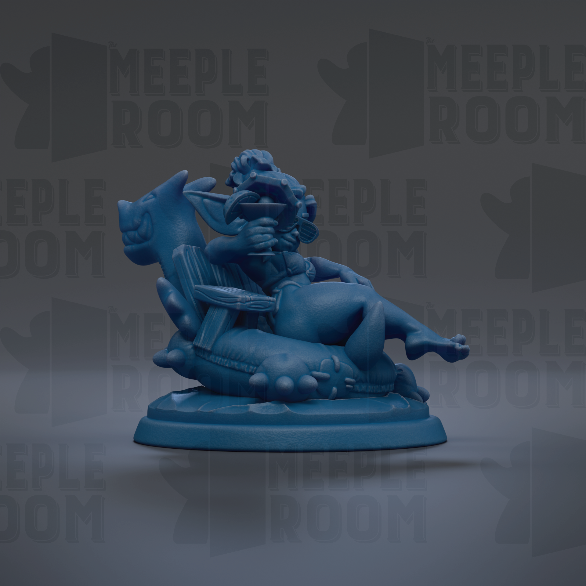 A blue figurine of a person sitting on a chair, with a dragon-like creature on their lap.