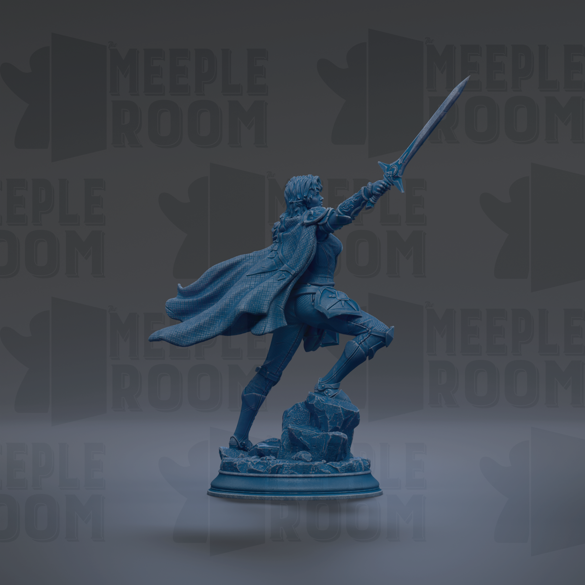 A blue statue of a person with a sword, standing on a rock and appearing to be in a fighting stance.