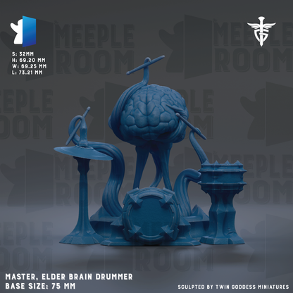 The image is a 3D rendering of a blue brain drummer, a figurine designed to resemble a human brain with drumsticks. The drummer is shown in a dynamic pose, with the drumsticks held in various positions, suggesting it is ready to play. The image is a 3D model of the brain drummer, and it is described as a "Master, Elder Brain Drummer" with a base size of 7.5 mm. The image is a 3D rendering of a brain drummer, and it is described as a "Sculpted by Twin Goddess Miniatures".