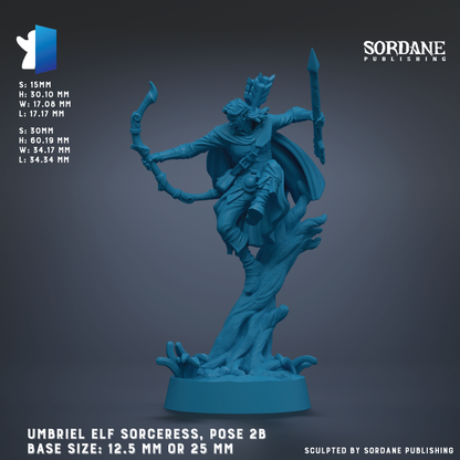 The image is a detailed 3D rendering of an Umbriel Elf sorceress, a fantasy character from the video game series The Elder Scrolls. The figurine is shown in a dynamic pose, with the character holding a bow and arrow, and is standing on a base that is either 12.5 mm or 25 mm in size. The image is published by Sordane Publishing.