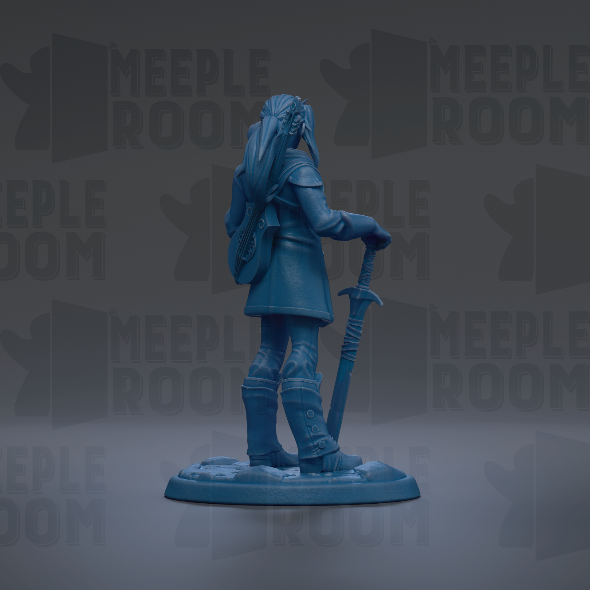 A blue figurine of a person holding a sword and shield, standing on a base.