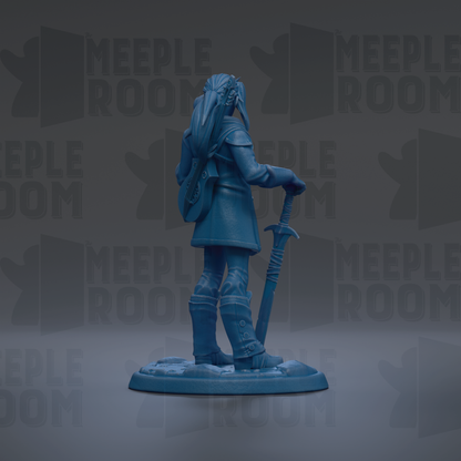 A blue figurine of a person holding a sword and shield, standing on a base.
